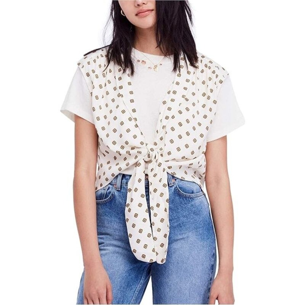 Free People Mornings in Marrakesh Top Womens L Cream Medallion Print Tie Front‎